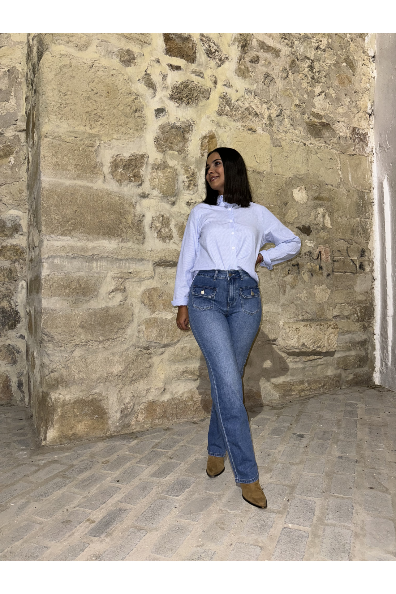 JEANS WIDE LEG BOLSILLOS TIRO ALTO VAQUERO